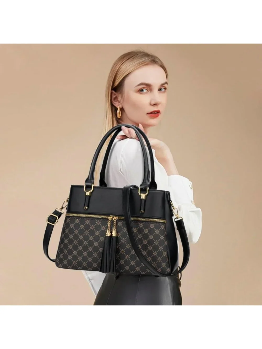 Stylish PU Leather Satchel Bag with Removable Strap, 3 Zippered Compartments